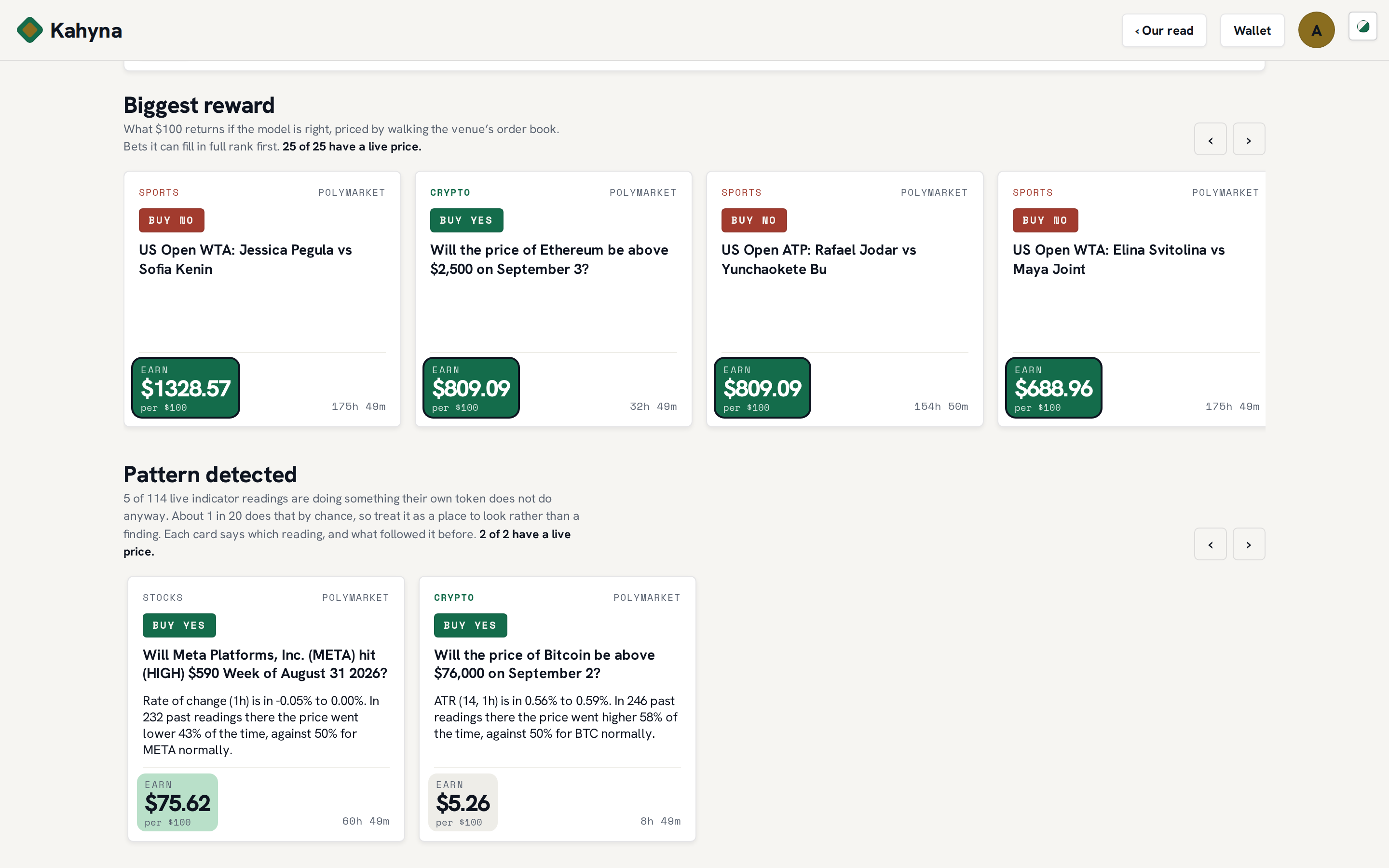The signals board: Biggest reward, Pattern detected and Wallets worth watching rails